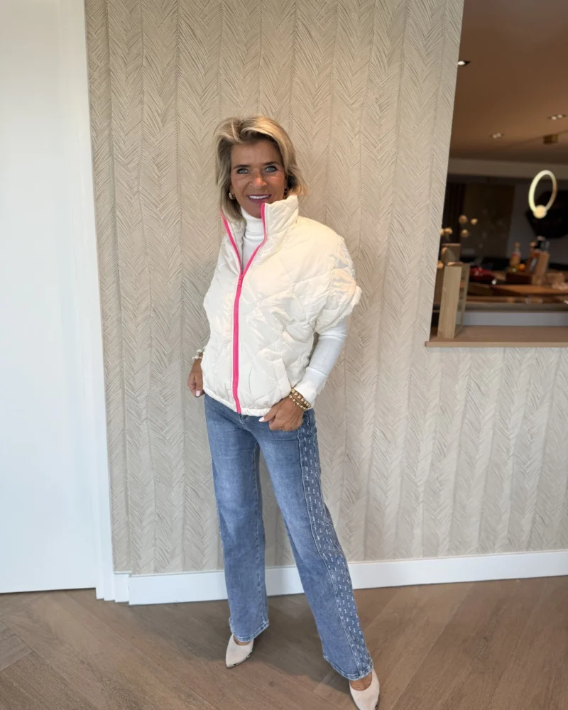 Bodywarmer | Ecru | Roze fluoriserende roze rits